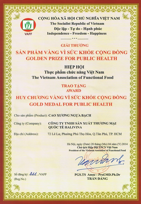 CHỨNG NHẬN HUY CHƯƠNG VÀNG