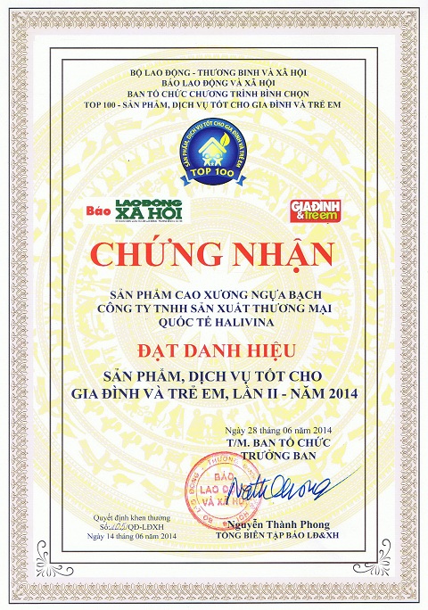 CHỨNG NHẬN TOP 100 SẢN PHẨM TỐT NHẤT