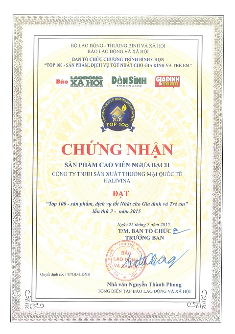 CHỨNG NHẬN TOP 100 SP TỐT CHO GIA ĐÌNH