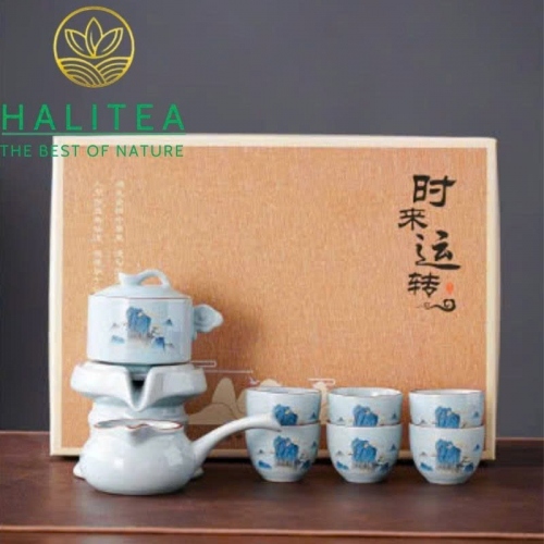 Bộ Ấm Trà Cối Xay Sứ Trắng Cao Cấp 9 Món Hộp Túi Giấy BAT-CXT01