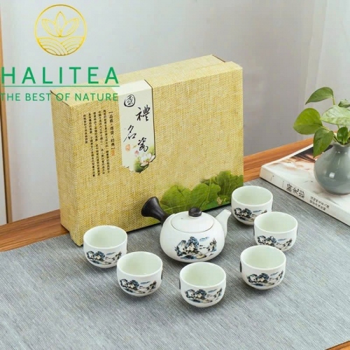 Bộ Ấm Trà Kiểu Nhật Sứ Trắng Họa Tiết Hoa Sen Trang Nhã BAS200