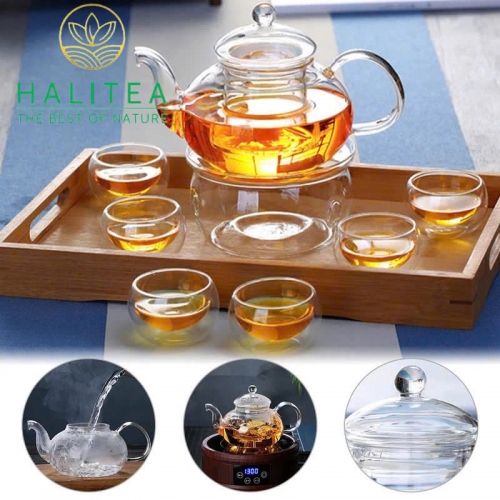 Bộ Ấm Trà Lõi Lọc Thuỷ Tinh Chén 2 Lớp Đế Nến Tròn 600ml