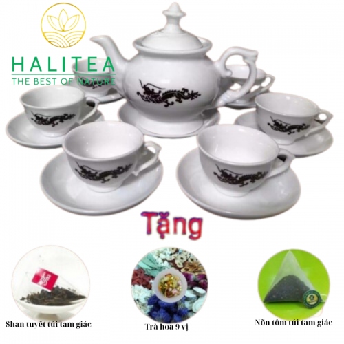 Bộ Ấm Trà Sứ Bát Tràng Hình Rồng Đổi Màu Khi Pha Tặng Kèm 3 Danh Trà