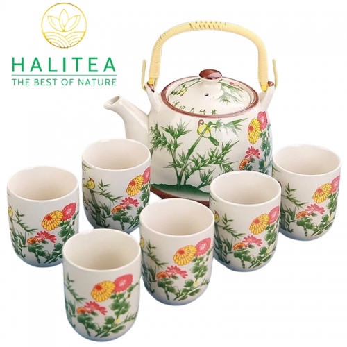 Bộ Ấm Trà Sứ Quai Xách Có Lưới Lọc Họa Tiết Tre Trúc 900ml