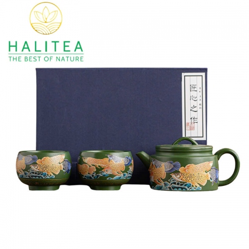 Bộ Ấm Tử Sa Hán Ngoã Cửu Long Ngư Quần Hội Lục Nê Hộp Quà Tặng 230ml