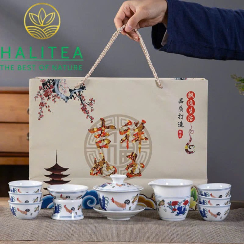 Bộ Pha Trà Sứ Thời Thành Hóa Đại Minh Đấu Thái Gà - Hộp Quà Tặng