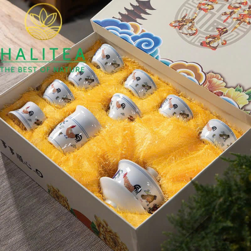 Bộ Pha Trà Sứ Thời Thành Hóa Đại Minh Đấu Thái Gà - Hộp Quà Tặng