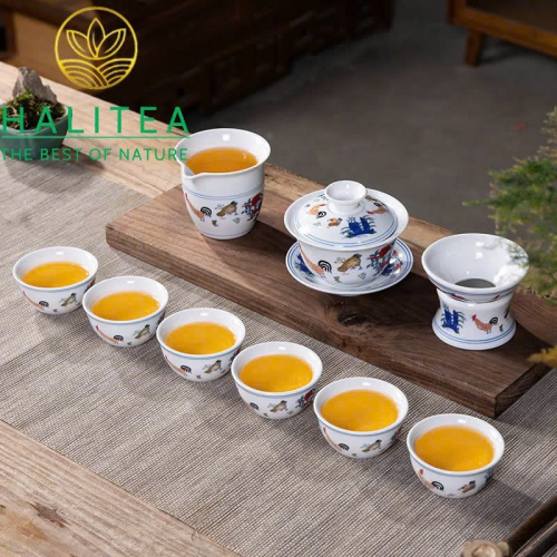 Bộ Pha Trà Sứ Thời Thành Hóa Đại Minh Đấu Thái Gà - Hộp Quà Tặng