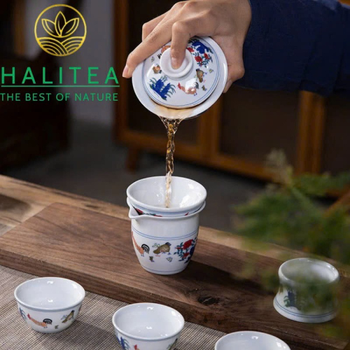Bộ Pha Trà Sứ Thời Thành Hóa Đại Minh Đấu Thái Gà - Hộp Quà Tặng