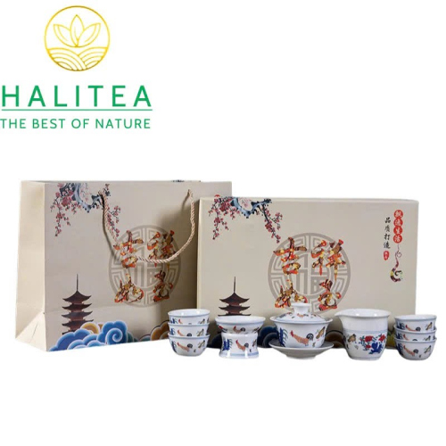 Bộ Pha Trà Sứ Thời Thành Hóa Đại Minh Đấu Thái Gà - Hộp Quà Tặng