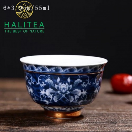 Chén Trà Sứ Cảnh Đức Trắng Xanh Thấu Quang Cao Cấp 55ml