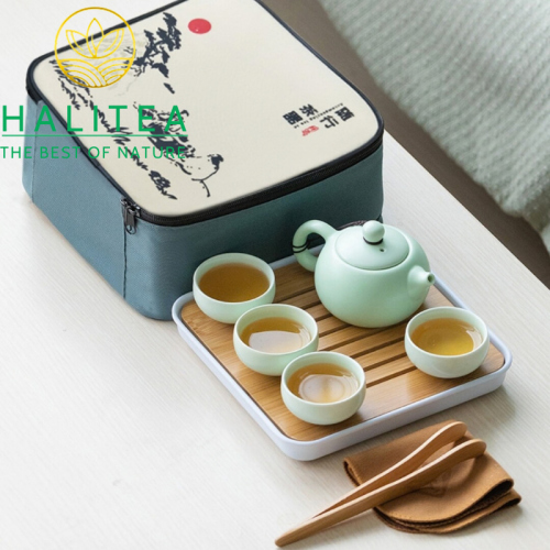 Combo Bộ Ấm Trà Sứ + Khay Khăn Dụng Cụ 10 Món Hộp Quà Tặng