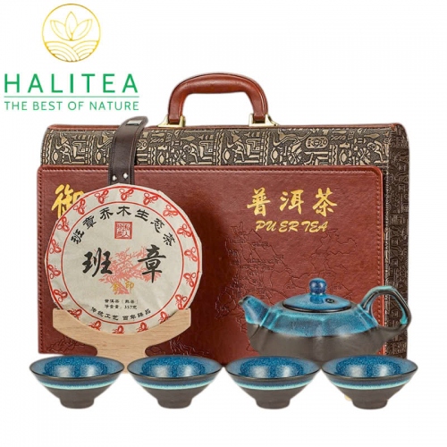 Set Bánh Trà Phổ Nhĩ Chín Vân Nam + Bộ Ấm Chén Thiên Mục Hộp Da Vali