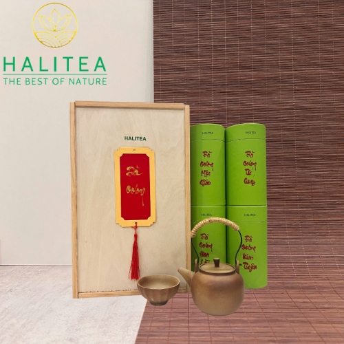 Set Quà Tặng Hộp Gỗ - 10 Loại Trà Ô Long HALITEA Cao Cấp 01 Hộp/04 lon