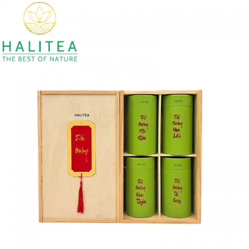 Set Quà Tặng Hộp Gỗ - 10 Loại Trà Ô Long HALITEA Cao Cấp 01 Hộp/04 lon