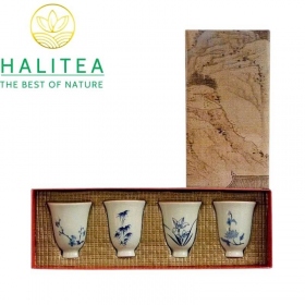 Set Bộ 04 Chén Trà Sứ Đức Hóa Men Nhữ Vẽ Lam - Mai Lan Trúc Cúc...
