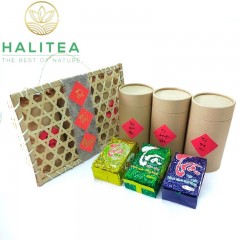 Set Quà Tặng 03 Loại Trà Thái Nguyên Hộp Tre Đan Lon Giấy 300gr
