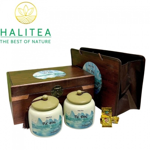 Trà Đinh Đặc Cấp Tân Cương Thái Nguyên – Hộp Gỗ Hũ Sứ Cao Cấp HALITEA 300g