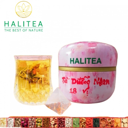 Trà Dưỡng Nhan 18 Vị HALITEA Túi Tam Giác Hộp Thiếc 50gr/ hộp/10 túi